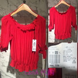 拉夏贝尔专柜代购2016夏装新款露肩五分袖红色衬衫上衣10010174