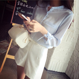 2016夏季新款韩版袖口蝴蝶结雪纺衬衫女式衬衣七分袖圆领上衣宽松