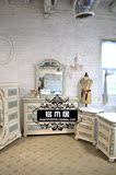 美式乡村德拉诺镜子 法式复古做旧水洗蓝梳妆台雕花斗柜边柜
