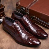 奢侈品男鞋绅士 鳄鱼皮纹黑色系带 真皮英伦尖头男士商务正装皮鞋
