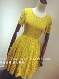 Alice wang推荐夏季新款中腰甜美黄色短袖蕾丝公主裙蓬蓬连衣裙