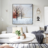 包邮定制手绘自然风景冬雪装饰画银色床头沙发单幅正方形挂画立体