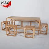 新古典原木免漆餐桌椅组合现代简约中式禅意茶楼茶桌简约条凳家具