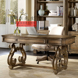 美式乡村实木雕花仿古怀旧书桌组合 欧式法式复古做旧橡木书架