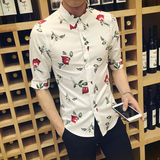 夏季新款2016男士修身韩版青年植物印花七分袖花衬衫时尚潮流衬衣
