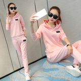 2016年春季新款韩版时尚休闲运动套装女纯色棉质连帽卫衣两件套潮