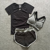 夏季瑜伽服健身服女短袖跑步防震文胸内衣短裤运动三件套装