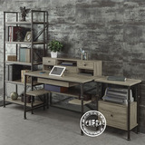 LOFT美式复古铁艺实木书桌家用卧室电脑桌工作桌书房书桌书架组合