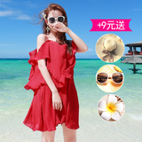 2016夏仙女神红色露肩显瘦吊带波西米亚短裙海边度假沙滩裙连衣裙