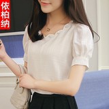 韩版短袖雪纺衫女装夏季新款镶钻显瘦气质宽松短款白色上衣小衬衫