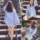 2016夏季新款韩版时尚休闲蓝白条纹衬衫七分袖袖口系带衬衫外套女