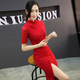 红色蕾丝旗袍长款 中式中长款2016夏修身日常改良复古大码连衣裙
