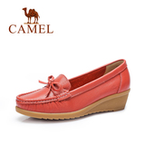 Camel骆驼女鞋舒适休闲荔枝纹薄单牛皮圆头蝴蝶结坡跟女皮鞋单鞋