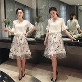 2016夏季新款韩版女装雪纺短袖气质印花欧根纱连衣裙两件套装名媛