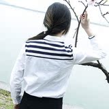 2016春款全棉布料台版学院风拼接条纹长袖白衬衫女假两件肩搭韩范