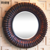 美式经典圆形镜子壁挂 穿衣镜复古化妆镜装饰镜 手工创意竹子镜框