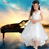 新款儿童礼服白色吊带拖尾婚纱白雪公主裙钢琴节目演出服花童女裙