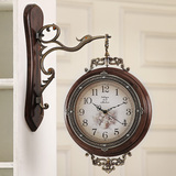 美式实木金属双面挂钟静音欧式客厅两面挂表创意墙钟石英钟表大号