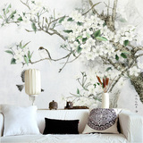 电视背景墙纸无缝大型壁画现代中式客厅3d无纺布壁纸手绘玉兰花鸟