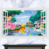 3D立体窗户迪士尼米奇维尼公主河边玩乐卡通儿童房教室壁画墙贴纸