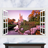 3D立体窗户红霞映山水 城堡草树风景客厅墙贴纸卧室装饰壁画壁纸
