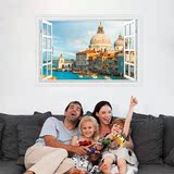 3D立体窗户 威尼斯城堡海景 房间客厅卧室风景墙贴纸家居壁画B380
