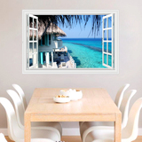 3D立体窗户 海畔度假别墅 海景风景墙贴客厅卧室家居壁画壁纸B372