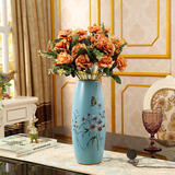 欧式圆形直筒蓝银色陶瓷花瓶美式现代客厅电视柜餐桌干花花插花器