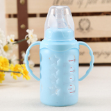 新生儿宝宝婴儿标准口径玻璃奶瓶带吸管手柄防摔硅胶套防胀气防爆