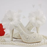 甜美白色羽毛花朵蕾丝高跟新娘礼服婚鞋婚纱拍照单鞋新娘女凉鞋夏