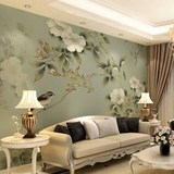 现代中式客厅卧室电视背景墙壁纸墙纸 3D无纺布大型壁画 工笔花鸟
