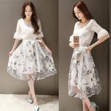 2016夏季新款韩版女装时尚中长款欧根纱两件套装裙短袖雪纺连衣裙