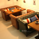 复古西餐厅沙发 咖啡厅卡座沙发实木皮艺双人沙发桌椅组合批发