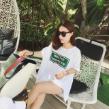 2016夏季韩版时尚字母短袖显瘦宽松下摆不规则T恤上衣中长款女潮