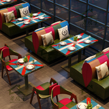 美式复古主题西餐厅奶茶店餐厅沙发实木混搭拼色咖啡厅餐桌椅组合