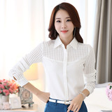 2016秋装新品韩版女装加大码蕾丝衫修身长袖雪纺衫显瘦白色女衬衣