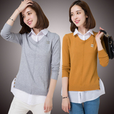 春秋季新款女装假两件毛衣修身短款衬衫领羊毛针织打底衫外套促销
