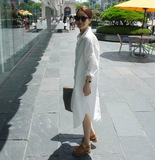 韩国BF白色超长款宽松衬衫2016春装新款女装蝙蝠长袖翻领连衣裙潮