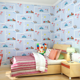 现代简约儿童房无纺布墙纸蓝色条纹汽车壁纸时尚环保男孩女孩卧室