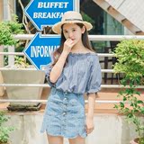C小小细小格格一字领泡泡袖套头宽松显瘦舒适韩国夏季2016衬衣女