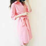 2016春季女韩版 显瘦修身中长款长袖衬衣连衣裙系带翻领衬衫v领