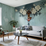 创意电视背景墙纸艺术美式复古麋鹿壁纸卧室客厅大型定制壁画墙布