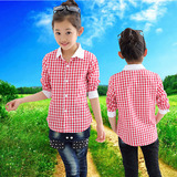 童装女童格子衬衫韩版中大童2016长袖纯棉儿童衬衣中长款儿童上衣