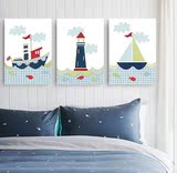 现代简约客厅卧室床头挂画 儿童房装饰无框画 小清新卡通帆船壁画