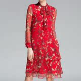真丝连衣裙 100%桑蚕丝大红色中长款长袖高端花裙子春夏大码显瘦