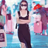 艾衣岑2016夏季新品赵丽颖街拍机场同款黑色背带不规则裙摆连衣裙