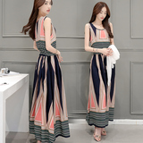2016夏季女装新款 韩版时尚条纹无袖几何图案印花显瘦连衣裙长裙