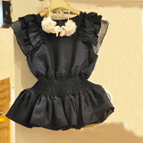 韩国代购夏季黑色棉麻雪纺衫宽松收腰显瘦娃娃衫荷叶边短袖上衣女