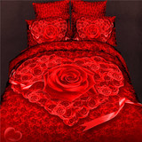结婚纯棉3D婚庆四件套大红加厚全棉磨毛床上用品玫瑰立体花1.8m