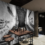 空间感餐厅壁画建筑复古涂鸦舞蹈室立体楼梯壁纸休闲清吧酒吧墙纸